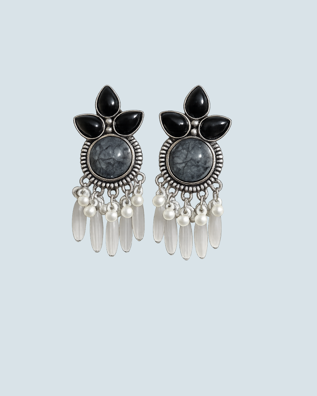 Oxidized silver Mira Latkan earrings with black stones and beads for evening wear - Trinketly BD