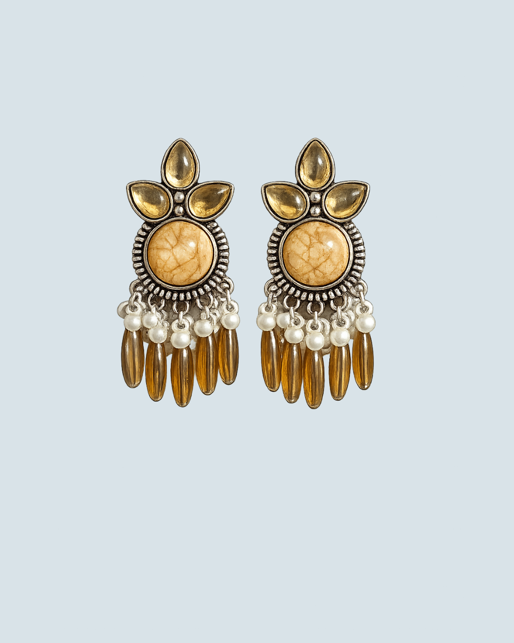 Oxidized silver Mira Latkan earrings with peach stones and beads for evening wear - Trinketly BD