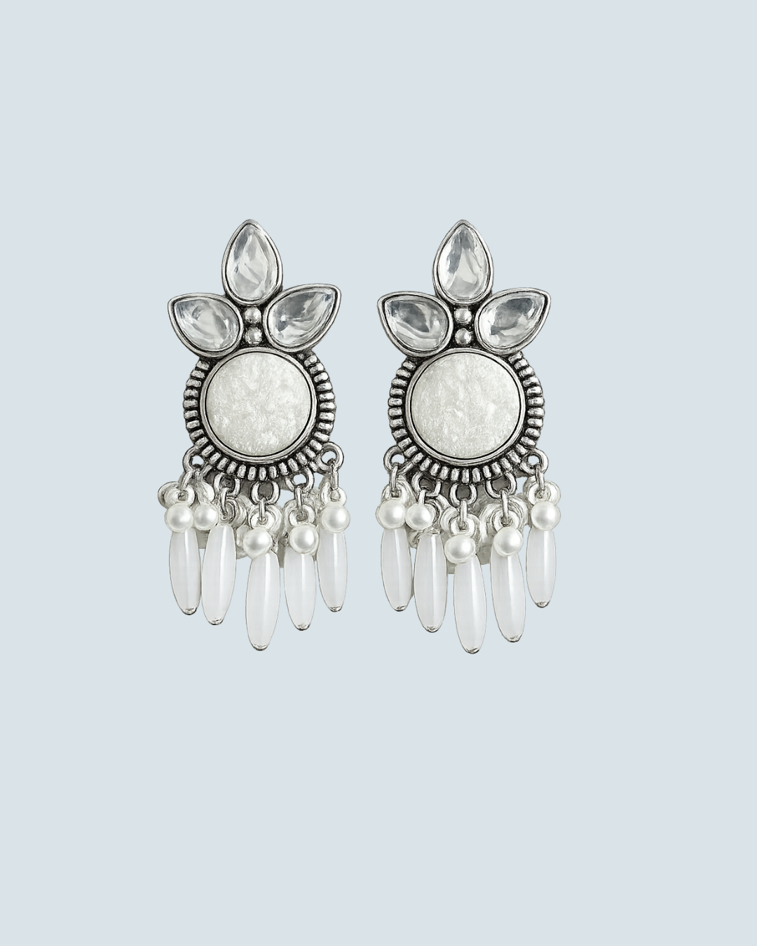 Oxidized silver Mira Latkan earrings with white stones and beads for evening wear - Trinketly BD