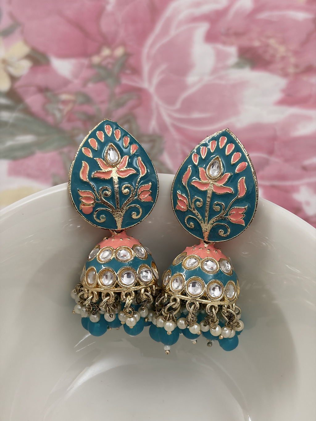 Stone Lotus Meenakari Jhumka