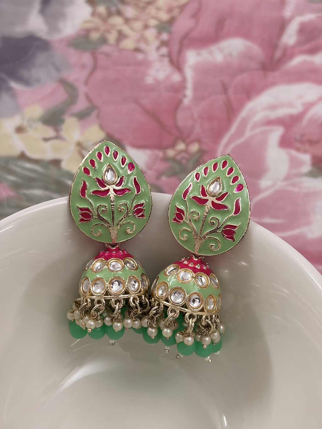 Stone Lotus Meenakari Jhumka