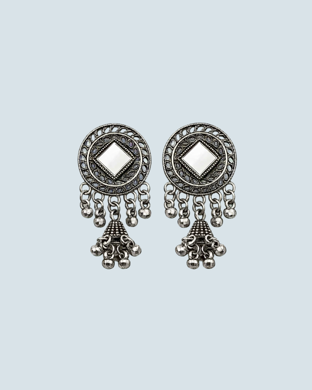 Traditional mirror work oxidized silver jhumka earrings for party and casual wear - Trinketly BD