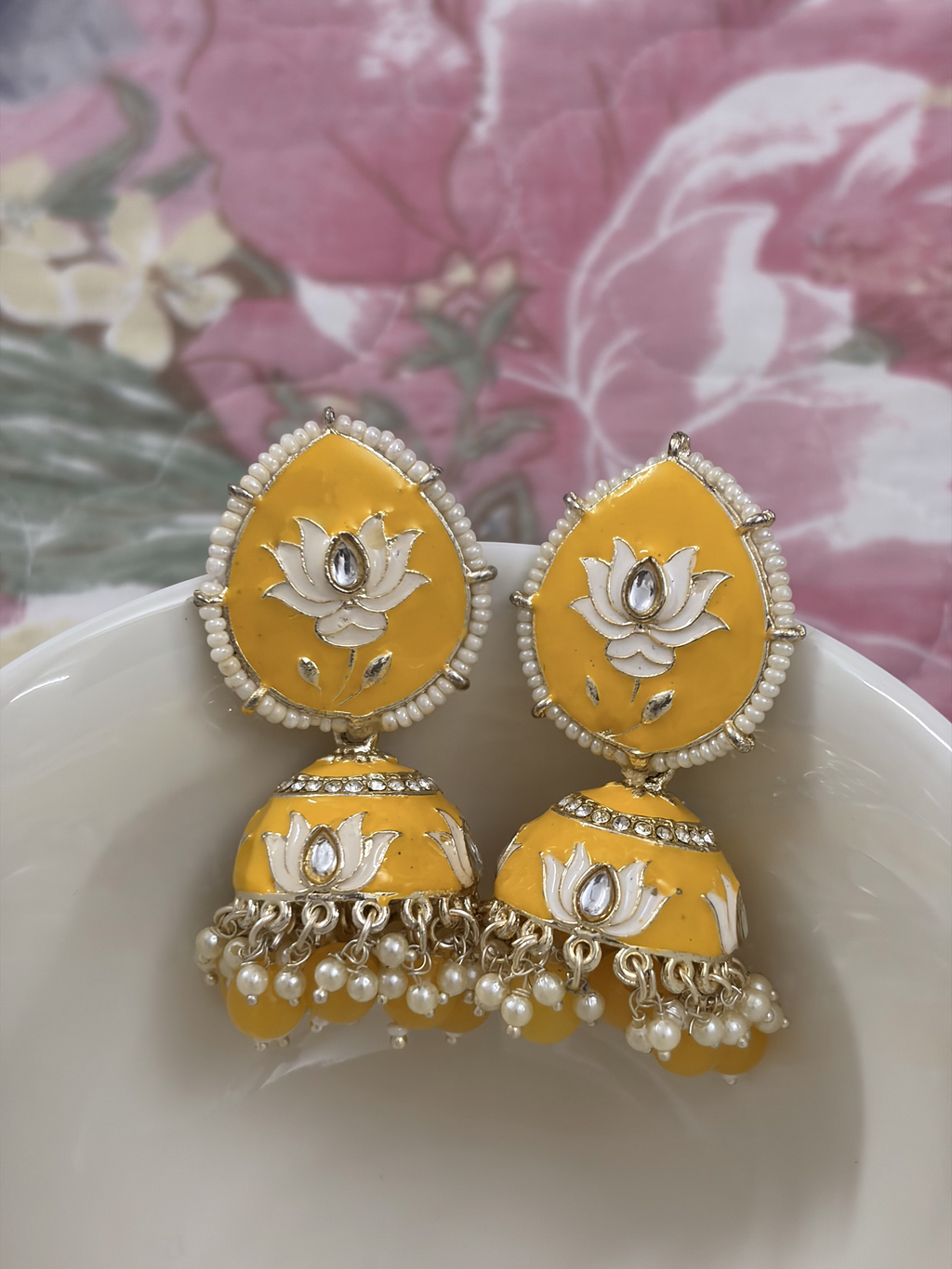 Pearl Lotus Meenakari Jhumka