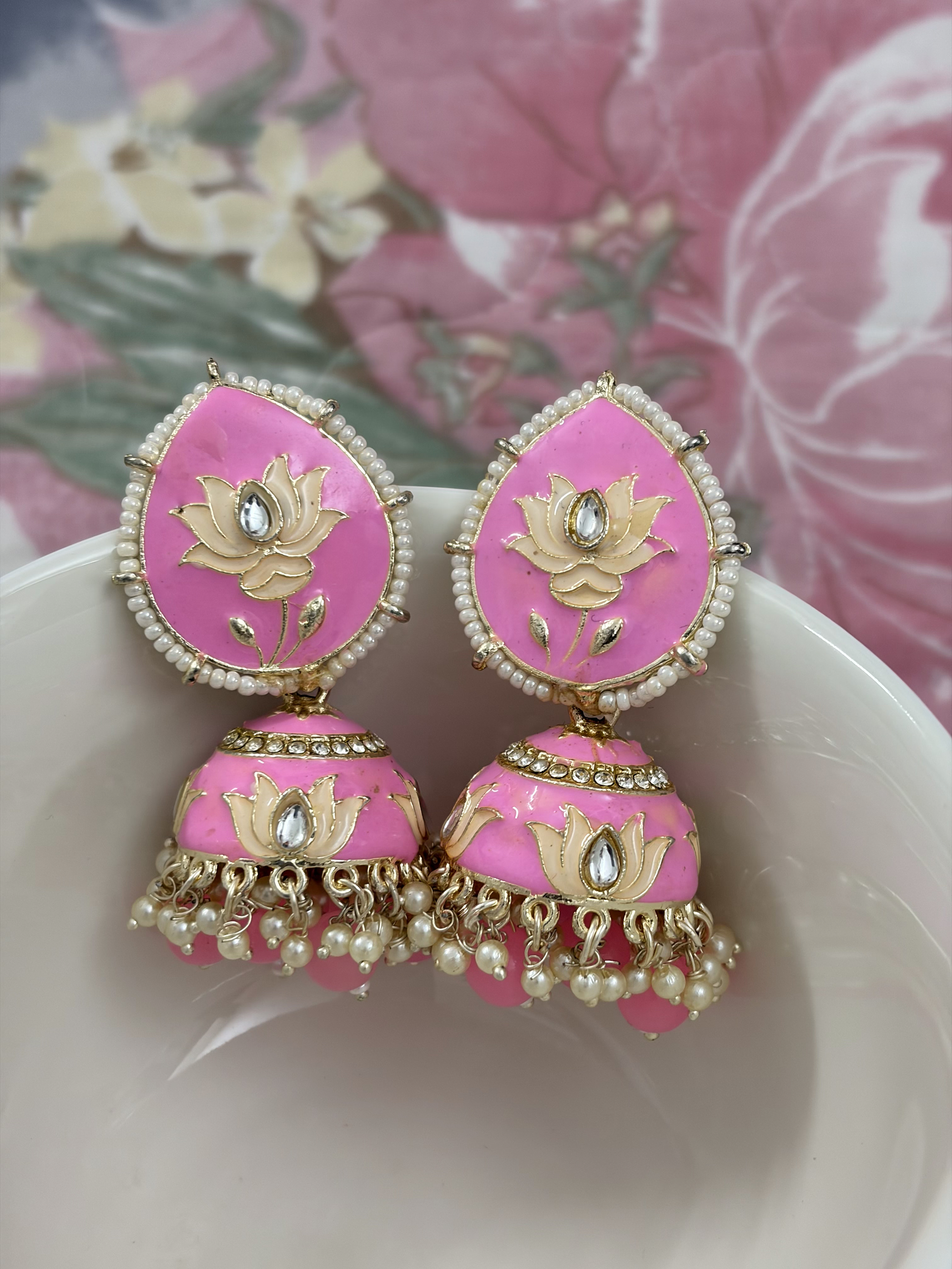Pearl Lotus Meenakari Jhumka