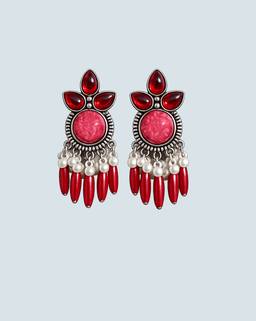 Oxidized silver Mira Latkan earrings with red stones and beads for evening wear - Trinketly BD