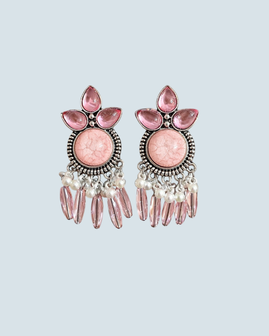 Oxidized silver Mira Latkan earrings with pink stones and beads for evening wear - Trinketly BD