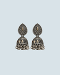 Oxidized silver teardrop jhumka earrings with stone detailing for evening wear - Trinketly BD