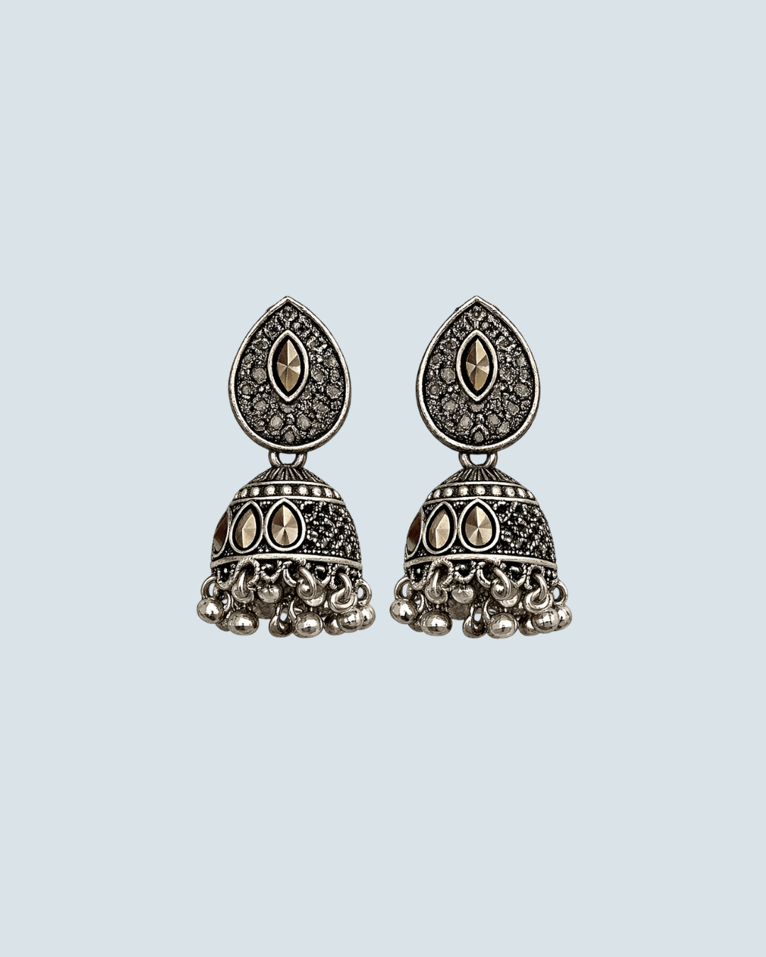 Oxidized silver teardrop jhumka earrings with stone detailing for evening wear - Trinketly BD