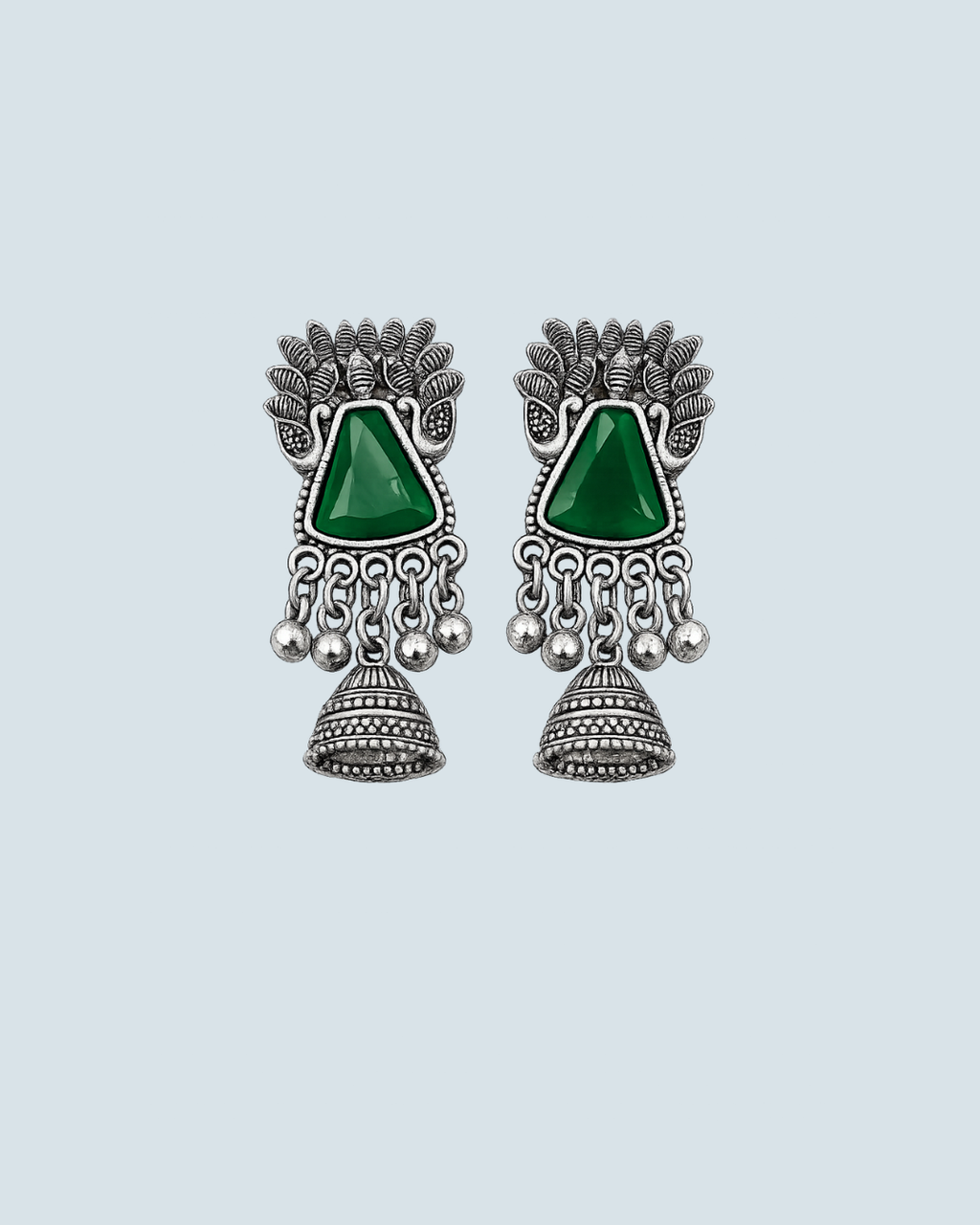 Bold green peacock motif oxidized silver jhumka earrings for festive and wedding wear - Trinketly BD