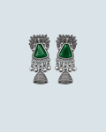 Bold green peacock motif oxidized silver jhumka earrings for festive and wedding wear - Trinketly BD