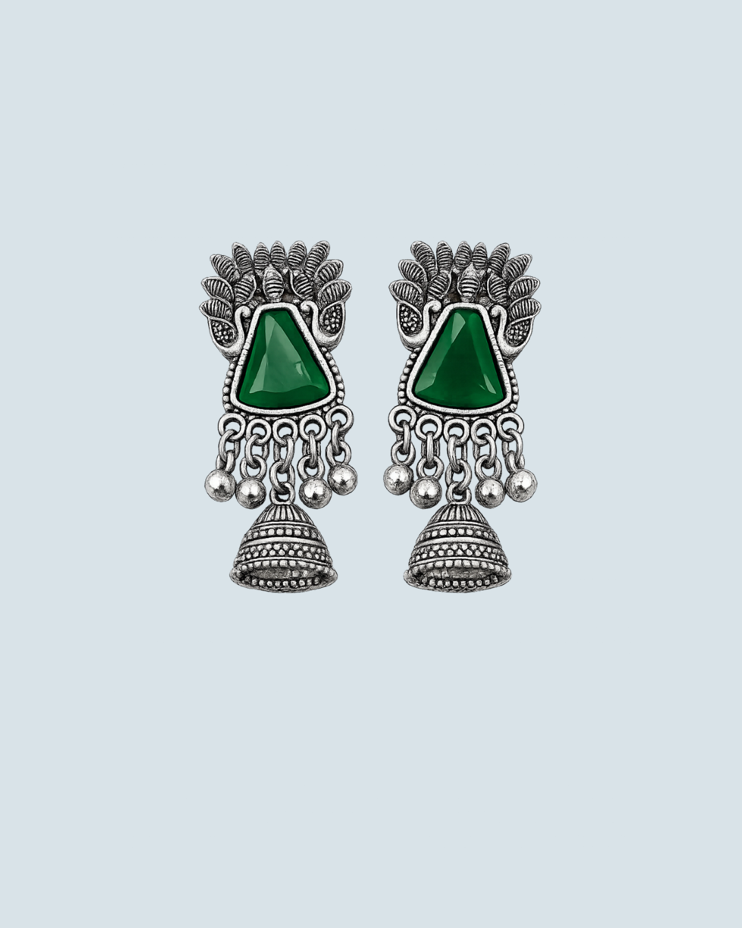 Bold green peacock motif oxidized silver jhumka earrings for festive and wedding wear - Trinketly BD