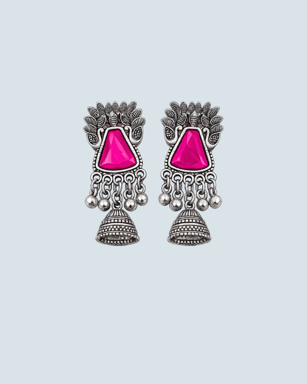 Bold hot pink peacock motif oxidized silver jhumka earrings for festive and wedding wear - Trinketly BD