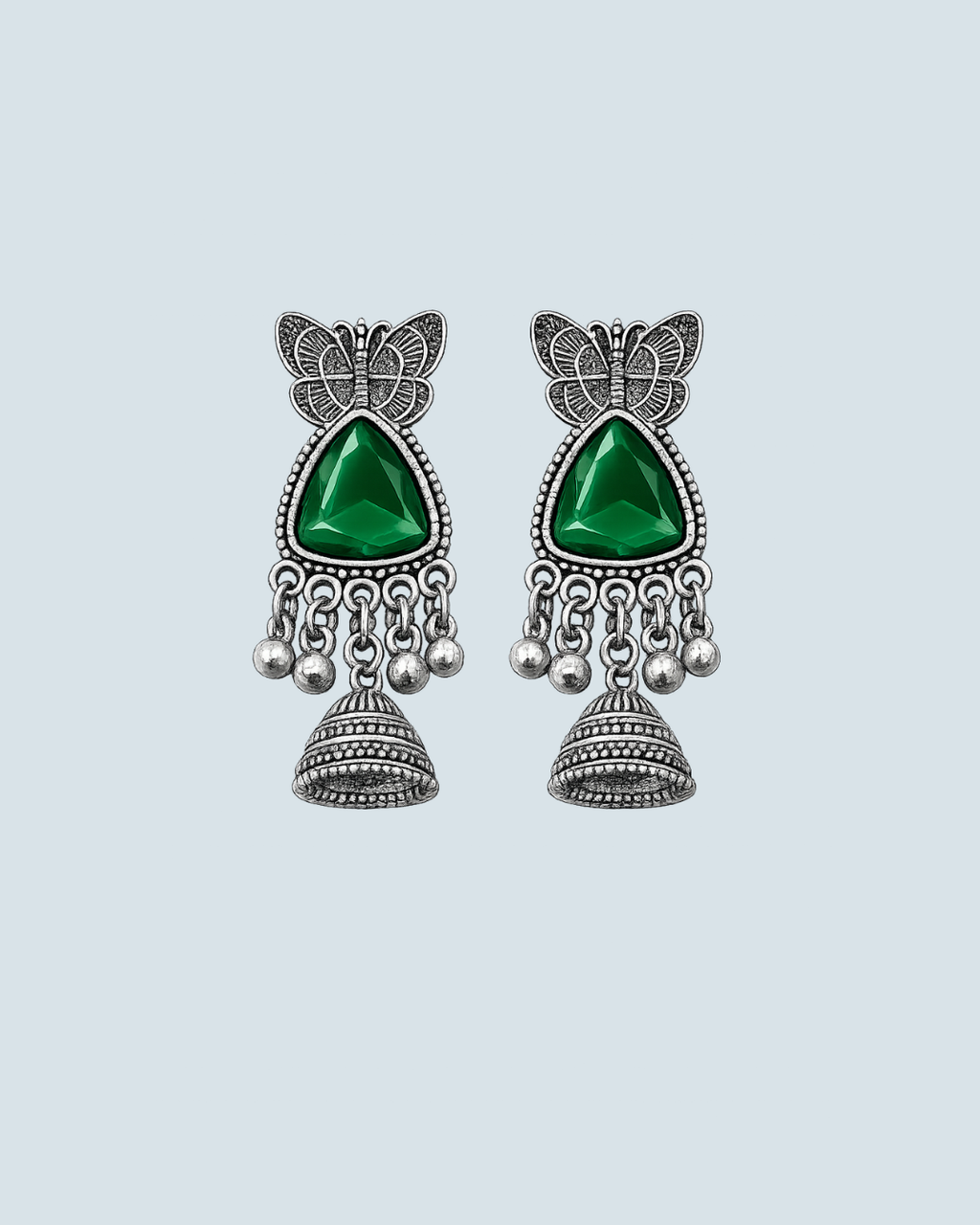 Green butterfly motif oxidized silver jhumka earrings for trendy casual wear - Trinketly BD