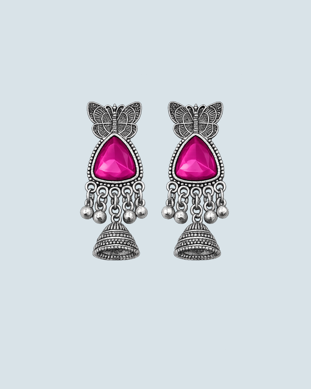 Hot pink  butterfly motif oxidized silver jhumka earrings for trendy casual wear - Trinketly BD