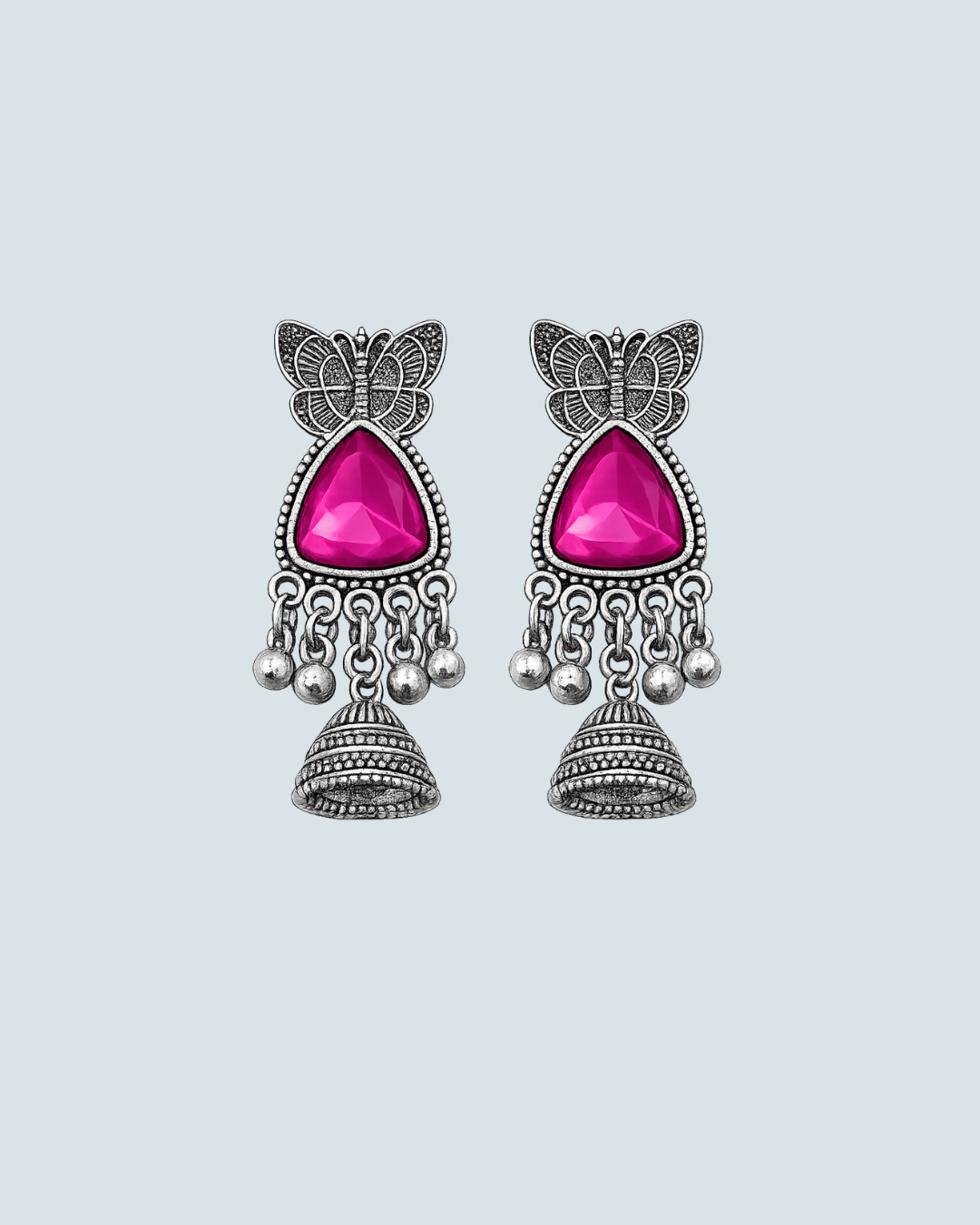 Hot pink  butterfly motif oxidized silver jhumka earrings for trendy casual wear - Trinketly BD