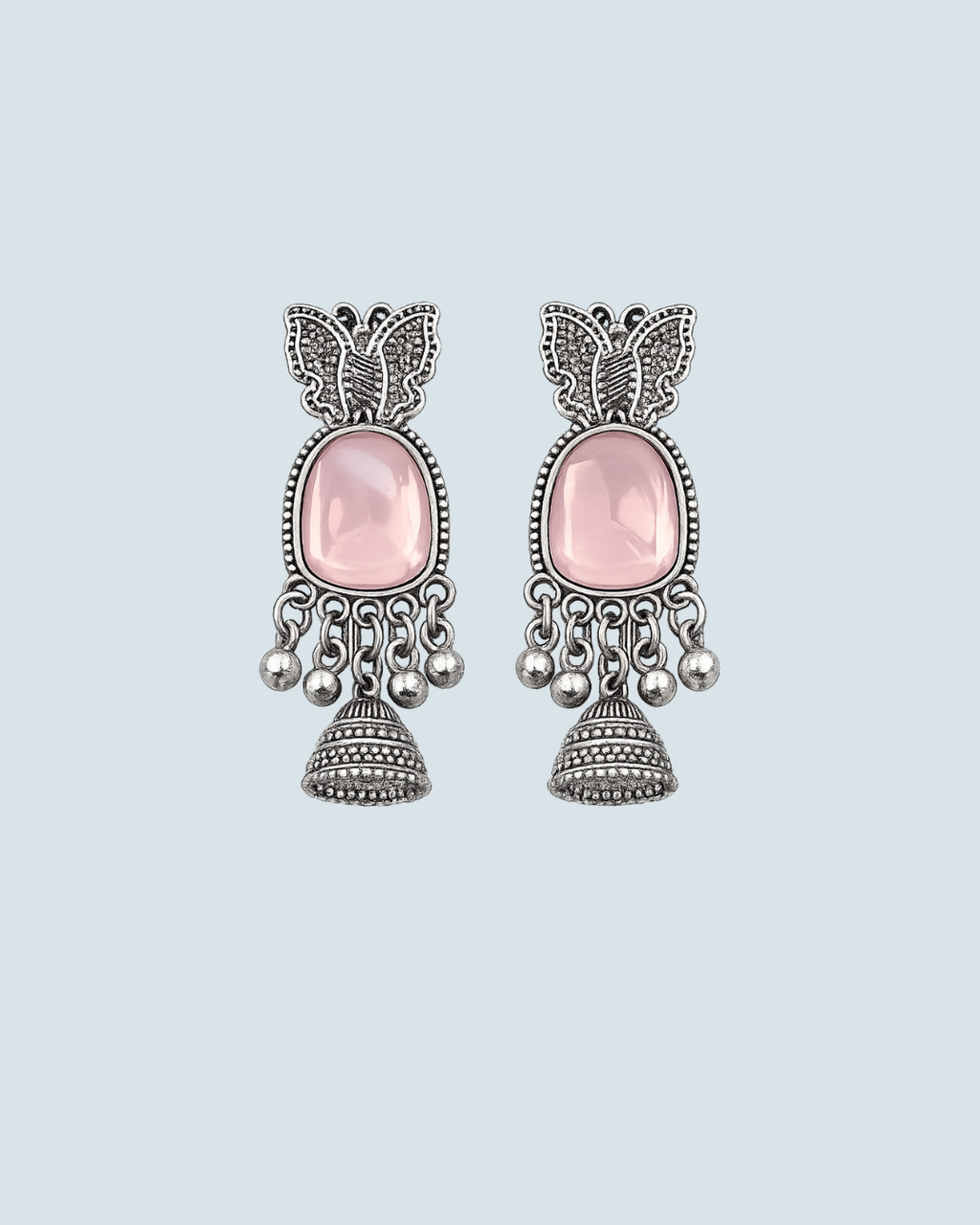 Pink butterfly motif oxidized silver jhumka earrings for trendy casual wear - Trinketly BD
