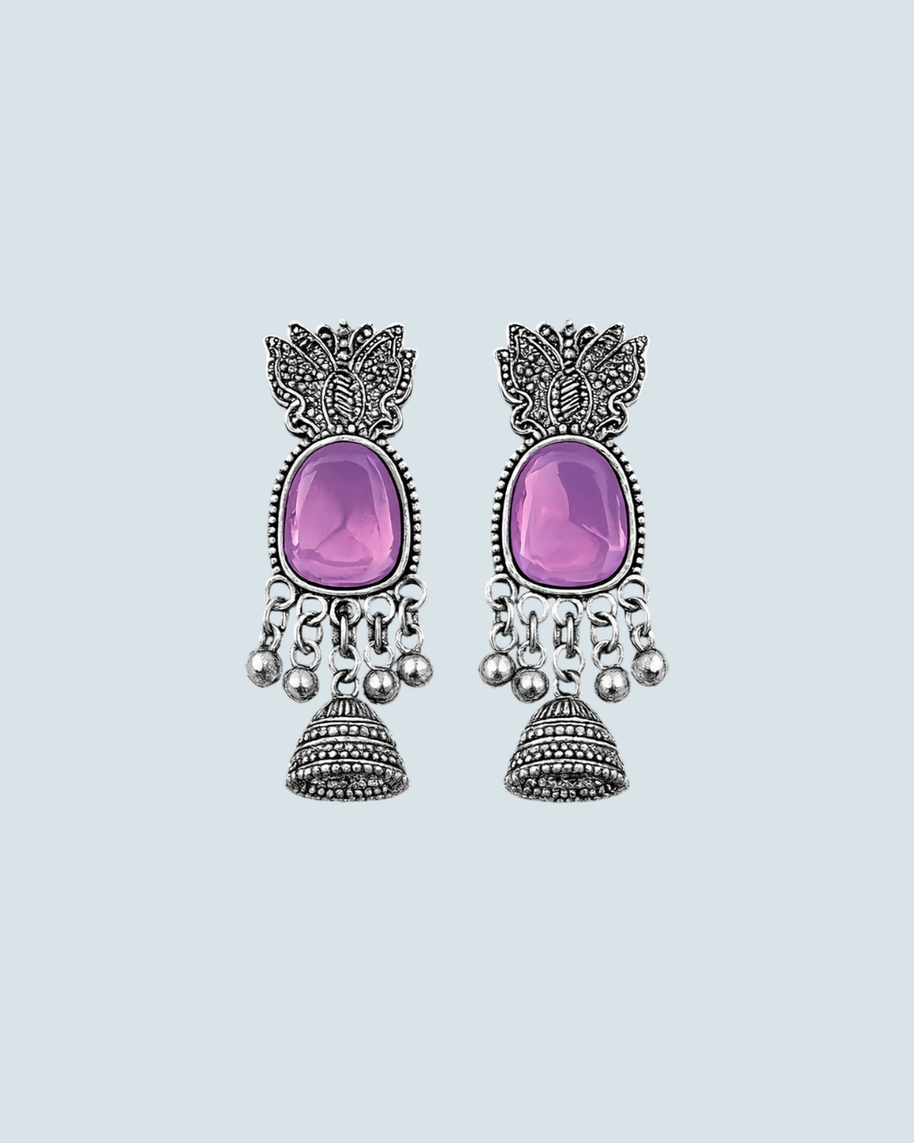 Lavender  butterfly motif oxidized silver jhumka earrings for trendy casual wear - Trinketly BD
