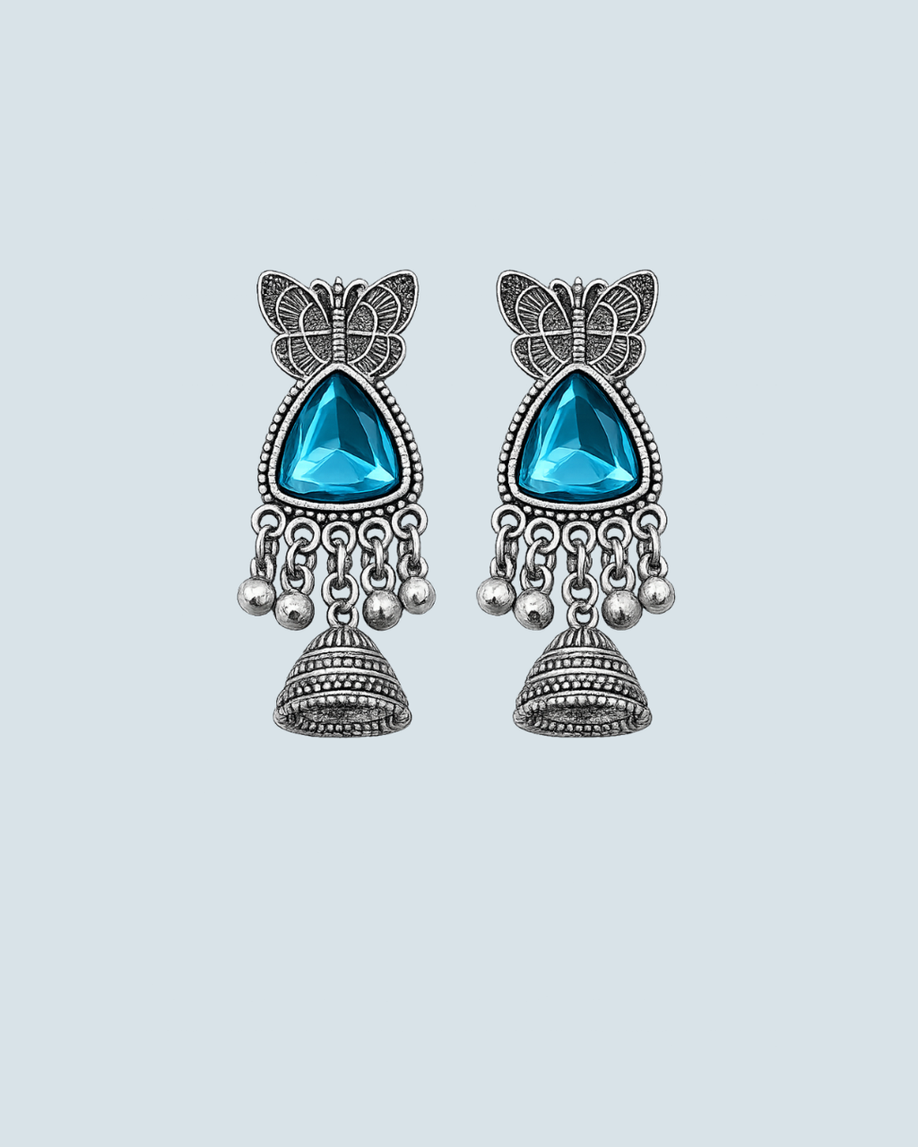 Blue butterfly motif oxidized silver jhumka earrings for trendy casual wear - Trinketly BD