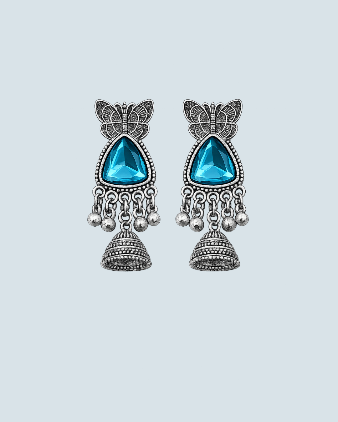 Blue butterfly motif oxidized silver jhumka earrings for trendy casual wear - Trinketly BD